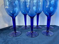 Set Of 7 Cobalt Blue Long Stemmed Large Wine Goblets