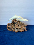 John Perry Sea Sculpture Dolphin & Calf on Burl Wood Base Art