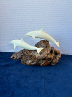 John Perry Sea Sculpture Dolphin & Calf on Burl Wood Base Art