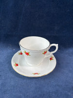 Staffordshire Bone China White Gold Trim Red Rose Teacup And Saucer Set