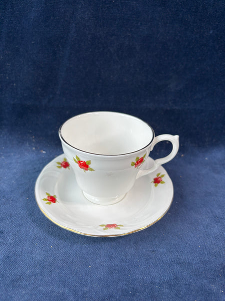 Staffordshire Bone China White Gold Trim Red Rose Teacup And Saucer Set