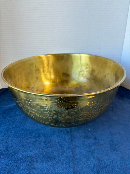 Asian Inspired Large Etched Brass Serving Bowl