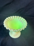 Fenton Custard Uranium Glass Pedestal Ruffled Compote Signed M.Trembly *Read Description*