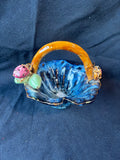 Majolica Style Art Pottery Basket: Blue Glaze, Ladybug & Fruit Decor