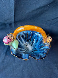 Majolica Style Art Pottery Basket: Blue Glaze, Ladybug & Fruit Decor