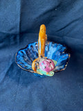 Majolica Style Art Pottery Basket: Blue Glaze, Ladybug & Fruit Decor