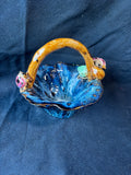 Majolica Style Art Pottery Basket: Blue Glaze, Ladybug & Fruit Decor