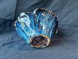 Majolica Style Art Pottery Basket: Blue Glaze, Ladybug & Fruit Decor