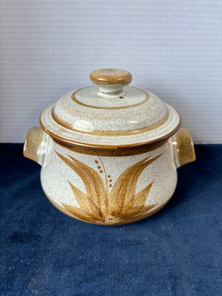 Hand Thrown Stoneware Covered Casserole w/ Brown Plant Design