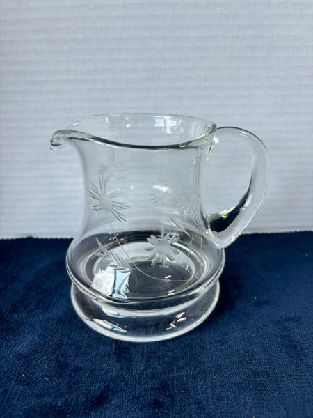 Hand Blown Etched Flowers Heavy Bottom Glass Creamer