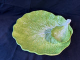 Green Cabbageware Chip & Dip Serving Bowl Majolica Style Ceramic *Read Description*