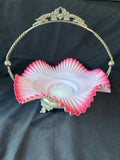Fenton Style Glass Bowl Bride’s Basket w/ Silver Stand