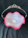 Fenton Style Glass Bowl Bride’s Basket w/ Silver Stand