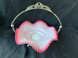 Fenton Style Glass Bowl Bride’s Basket w/ Silver Stand