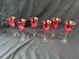 Set Of 6 Cranberry Stain Etched Grape Cordial Glasses