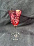 Set Of 6 Cranberry Stain Etched Grape Cordial Glasses