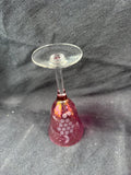Set Of 6 Cranberry Stain Etched Grape Cordial Glasses