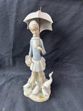 Lladro Figurine Girl With Umbrella Basket Feeding Ducks #4510
