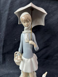 Lladro Figurine Girl With Umbrella Basket Feeding Ducks #4510