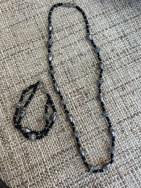 Silver Tone and Black Beaded Necklace and Bracelet Set