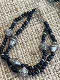 Silver Tone and Black Beaded Necklace and Bracelet Set