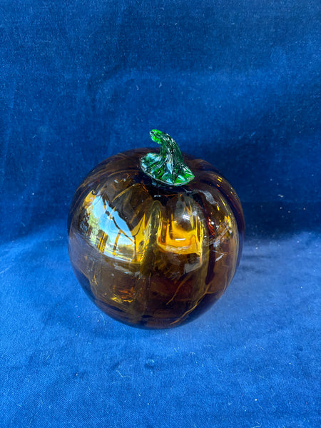 Hand Blown Deep Amber & Green Art Glass Pumpkin