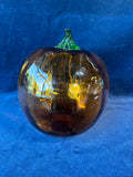 Hand Blown Deep Amber & Green Art Glass Pumpkin