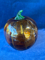 Hand Blown Deep Amber & Green Art Glass Pumpkin