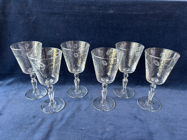 Set Of 6 Libbey Rock Sharpe Etched Wine Goblets