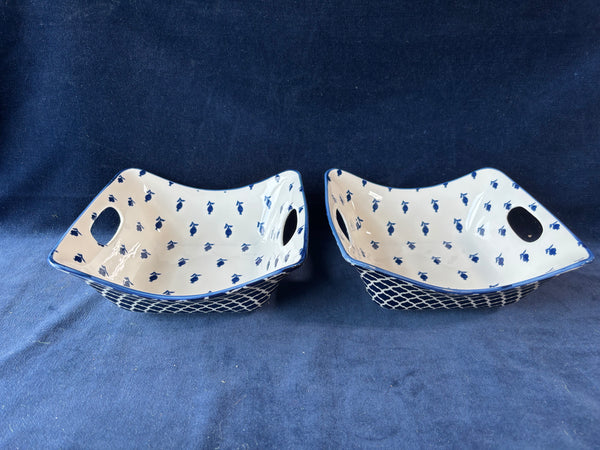 (A)Pair Of Certified International “Bronson Pinchot Home” Blue White Square Handled Serving Bowls