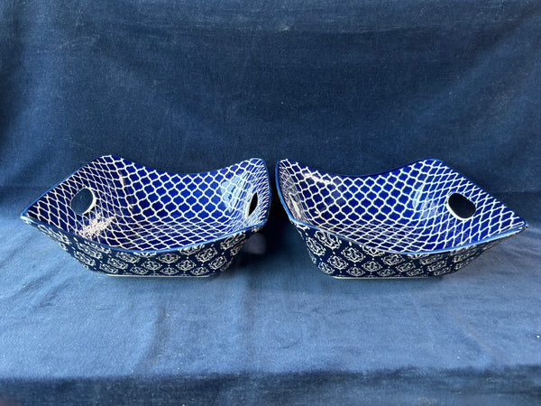 (B)Pair Of Certified International “Bronson Pinchot Home” Blue White Square Handled Serving Bowls