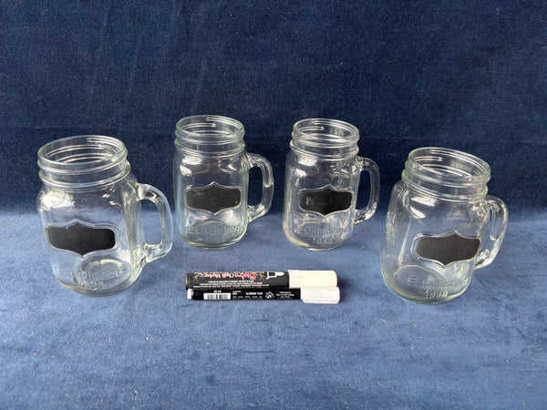 Set Of 4 Mason Jar Glass Tumbler Cup w/Chalk Board Label And Markers