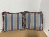 Pair of Blue & Gray Striped Accent Throw Pillows with Decorative Fringe Trim