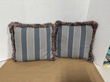 Pair of Blue & Gray Striped Accent Throw Pillows with Decorative Fringe Trim