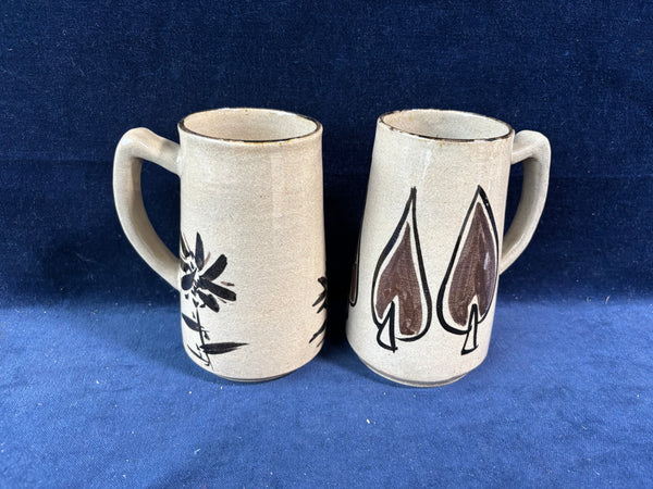 Pair Of Tall Tan Glazed Pottery Mugs