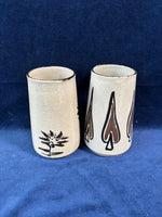 Pair Of Tall Tan Glazed Pottery Mugs