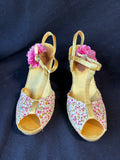 Jaclyn Smith Cork Wedge Sandals T Strap Floral Print Fabric Women’s Size 8M (C)