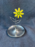 Glossy Silver-Tone Metal Jewelry Dish Holder w/ Yellow Daisy