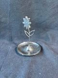 Glossy Silver-Tone Metal Jewelry Dish Holder w/ Yellow Daisy