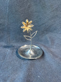 Glossy Silver-Tone Metal Jewelry Dish Holder w/ Yellow Daisy