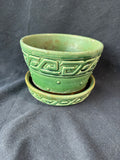 McCoy Green Pottery Greek Key Planter w/ Attached Saucer *Read Description*