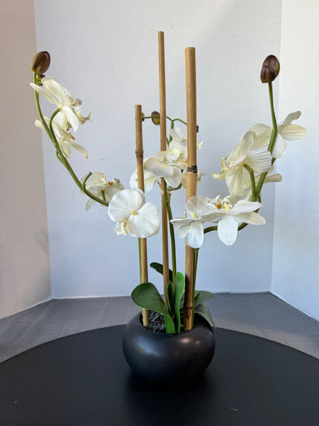 Faux Orchid Arrangement in Round Black Pot