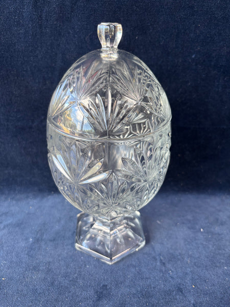 Egg-Shaped Footed Pedestal Clear Cut Glass Candy Dish