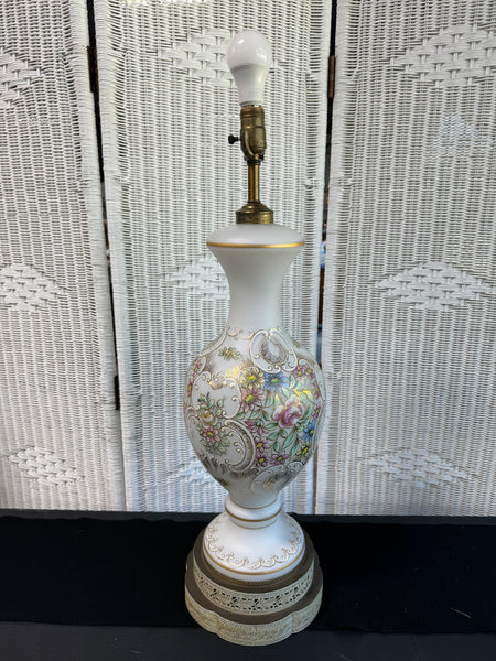 Vintage Hand Painted Floral Bavarian Blown Glass 3-Way Table Lamp with Illuminating Base (WORKS)