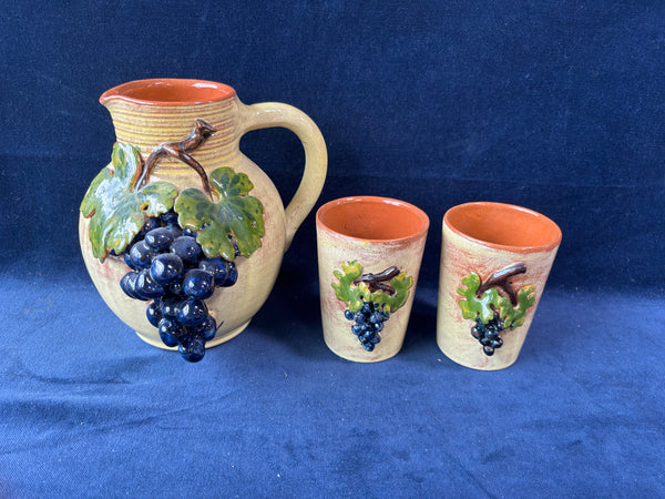 3 Piece French Refware Pottery Applied Grapes 3D Pitcher And Cups *Read Description*