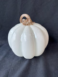 Hand Blown Art Glass Pumpkin White With Curled Gold Speckled Stem