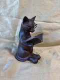 Brown Resin Cat Sitting Reading Book Figurine w/Wire Glasses