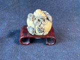 Peabody Museum of Salem Japanese Netsuke Replica Rats on Bag of Rice Figure With Wooden Display Stand