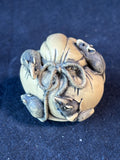 Peabody Museum of Salem Japanese Netsuke Replica Rats on Bag of Rice Figure With Wooden Display Stand