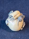 Peabody Museum of Salem Japanese Netsuke Replica Rats on Bag of Rice Figure With Wooden Display Stand